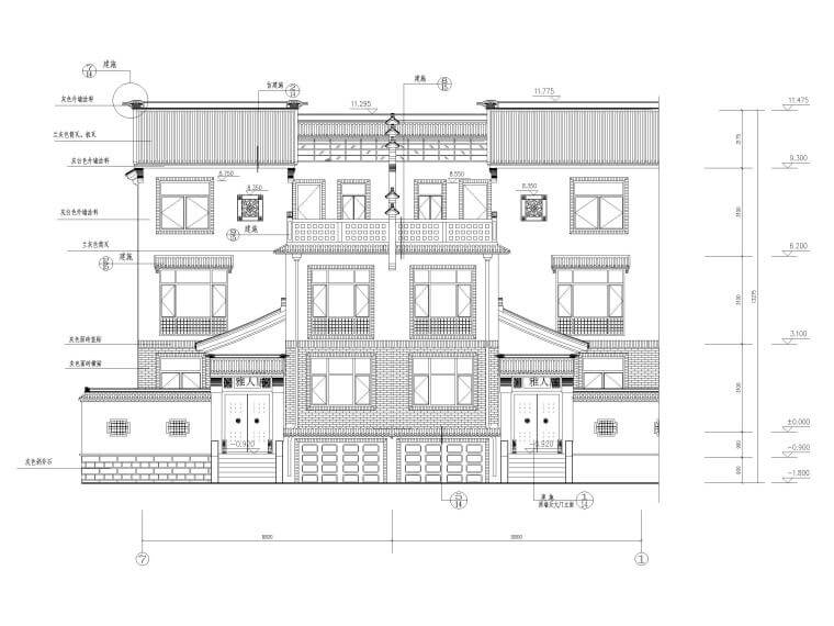 108套别墅新农村自建房建筑施工图纸-某中式高档仿古别墅全套施工图-立面图