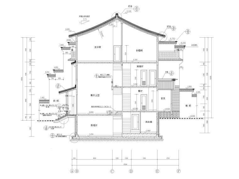 108套别墅新农村自建房建筑施工图纸-某中式高档仿古别墅全套施工图-剖面图